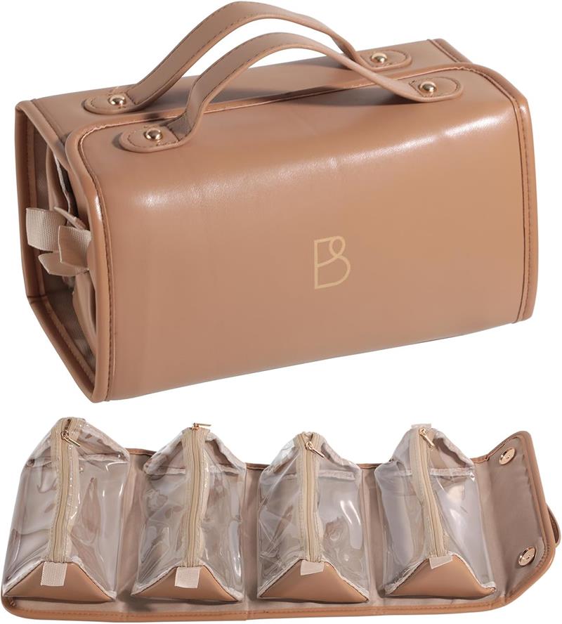 Travel Makeup Bag PU Leather Large Size Elegant Cosmetic Case in Premium PU Leather with 4 Bag for Easy Makeup Organization & Travel Brown
