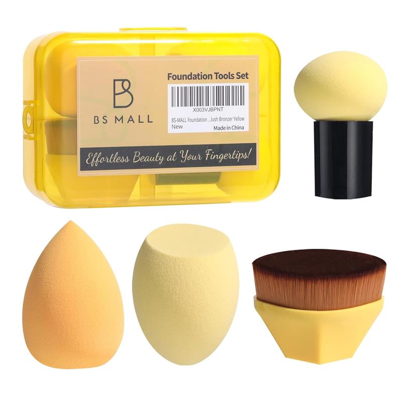 Foundation Brush with 3 Makeup Sponges Foundation Application Set Concealer Blush Bronzer (D-Yellow)