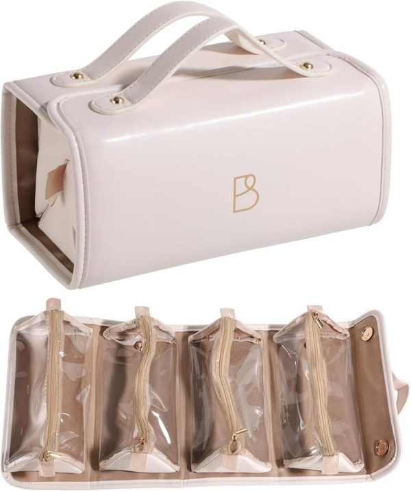 Travel Makeup Bag PU Leather Large Size Elegant Cosmetic Case in Premium PU Leather with 4 Small Bag for Easy Makeup Organization & Travel White