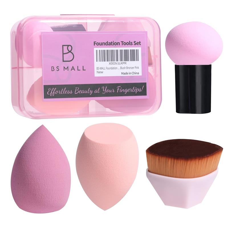 Foundation Brush with 3 Makeup Sponges Foundation Application Set Concealer Blush Bronzer (B-Pink)