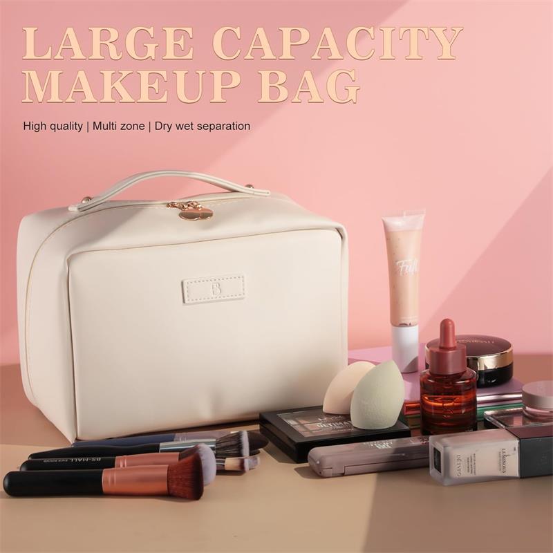 Travel Makeup Bag PU Leather Large Size Elegant Cosmetic Case in Premium PU Leather for Easy Makeup Organization & Travel White