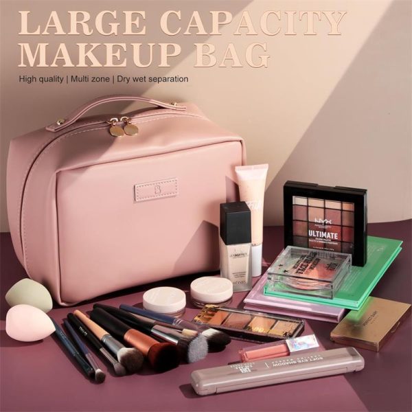 Travel Makeup Bag PU Leather Large Size Elegant Cosmetic Case in Premium PU Leather for Easy Makeup Organization & Travel Pink