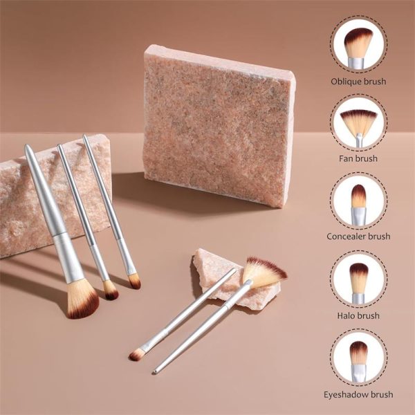 Luxurious Travel Makeup Brush Set - Enhance Your Beauty with 5 Pcs Silver Collection, Perfect for Makeup Enthusiasts and Beauty Care Lovers